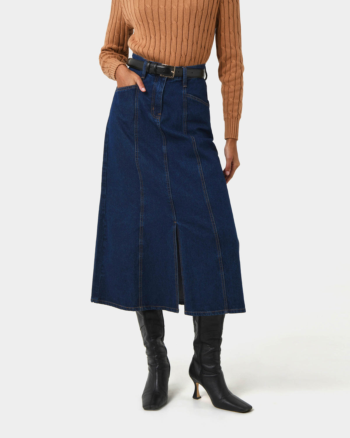 Carmen Panel Denim Skirt in indigo blue — close-up view