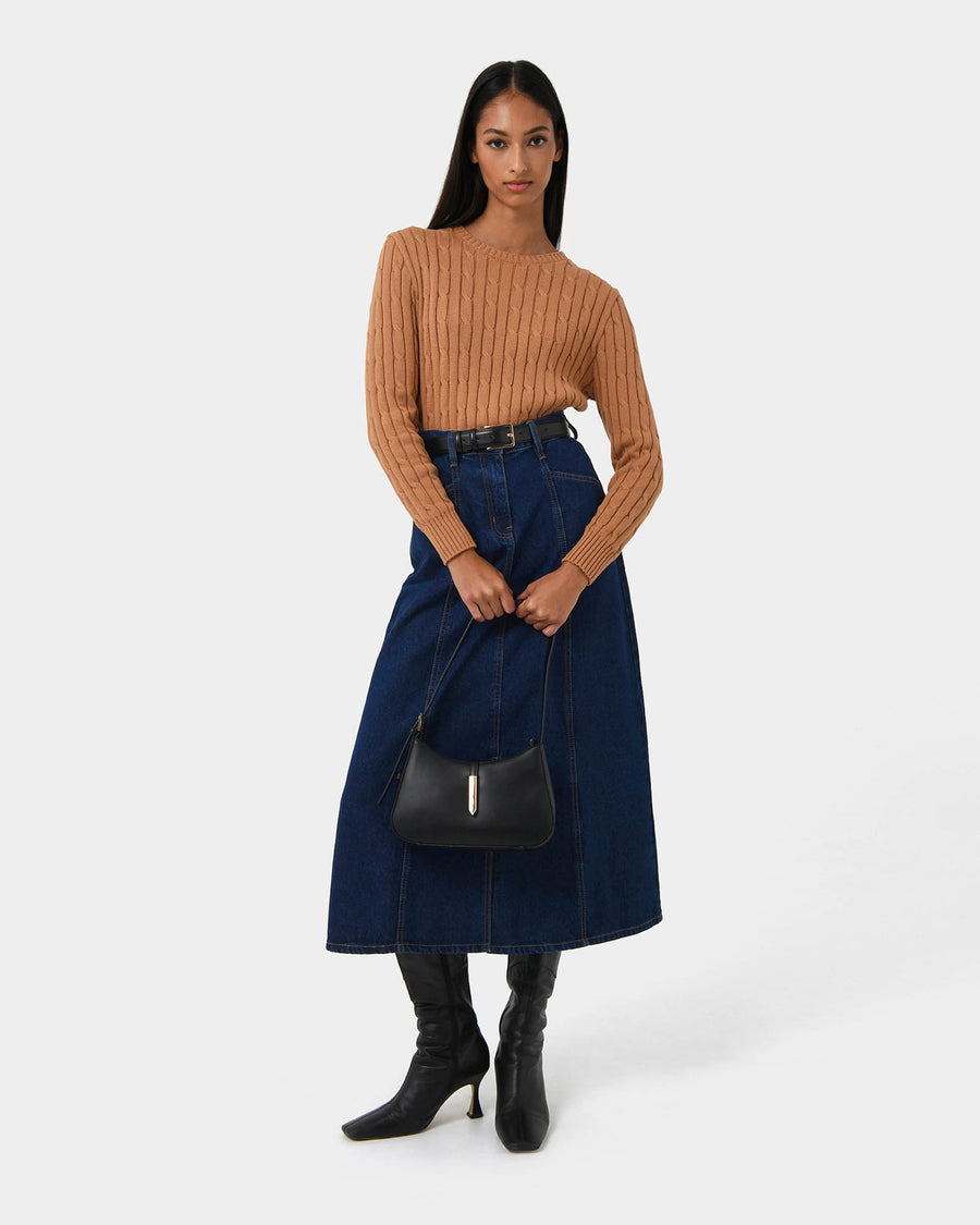 Carmen Panel Denim Skirt in indigo blue — full-length view
