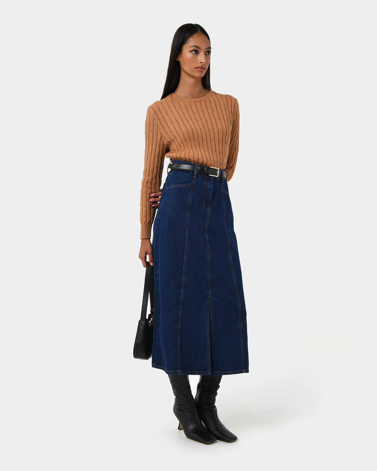 Carmen Panel Denim Skirt in indigo blue — full-length view 2