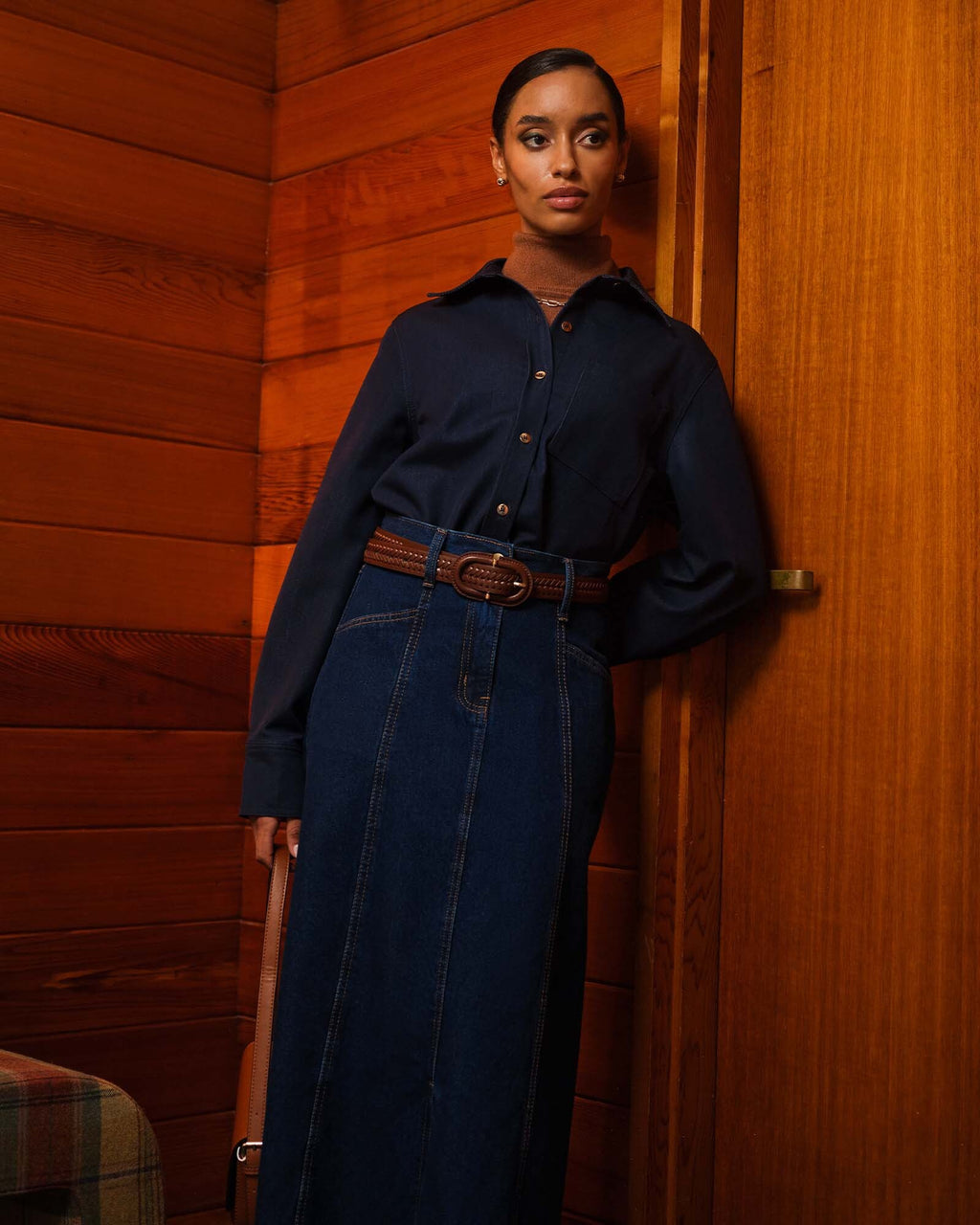 Carmen Panel Denim Skirt in indigo blue — alternate view