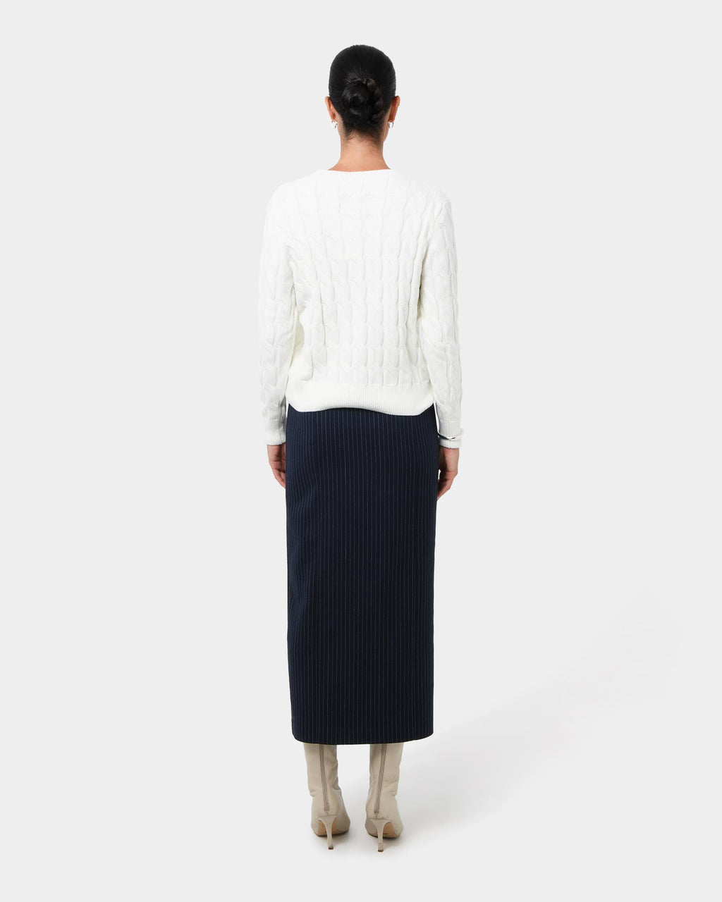 Zara Tailored Midi Skirt in navy pinstripe — back view