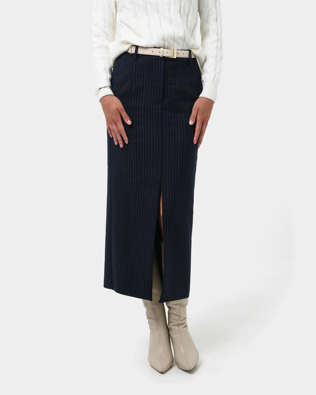 Zara Tailored Midi Skirt in navy pinstripe — close-up view