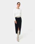 Zara Tailored Midi Skirt in navy pinstripe — full-length view