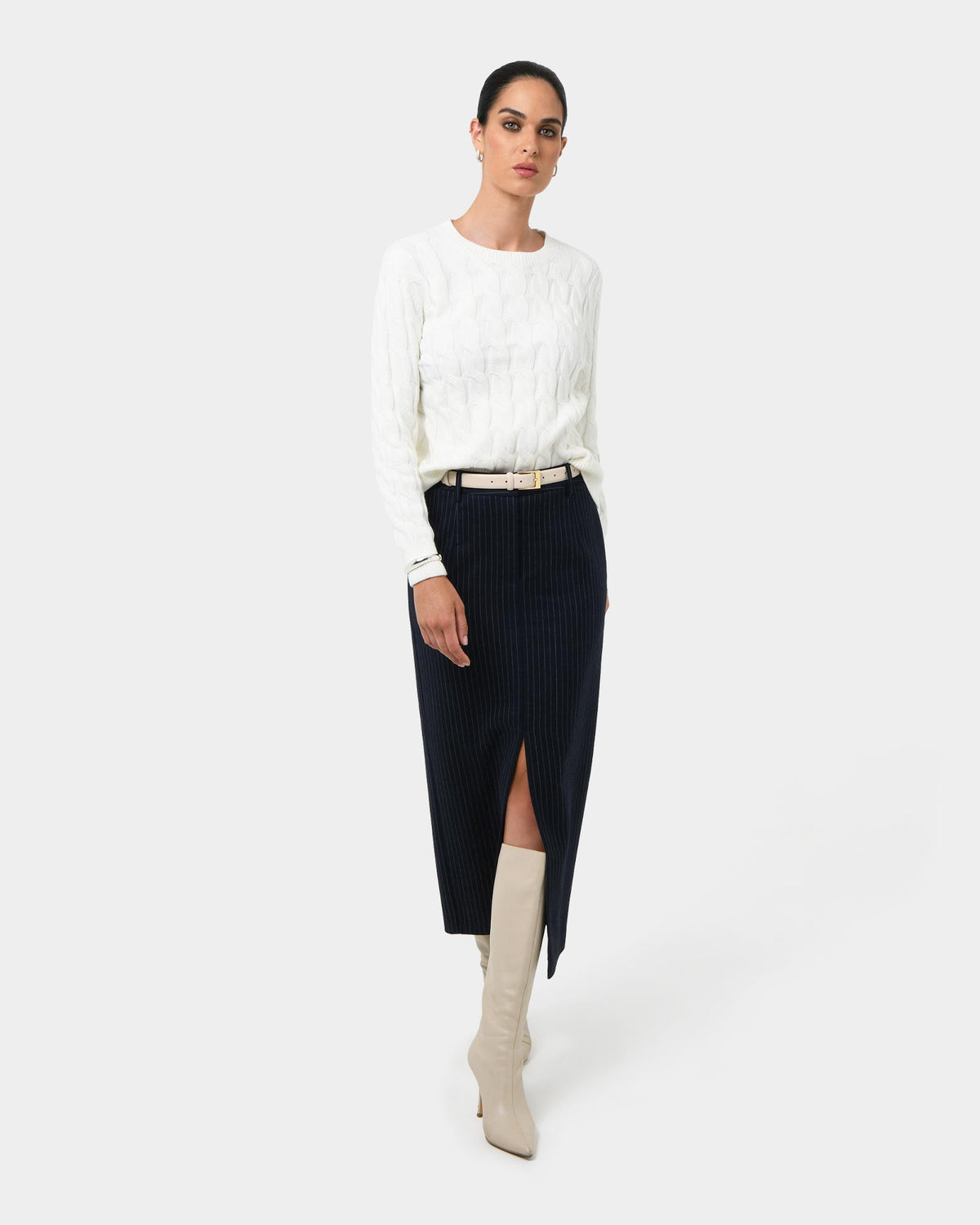 Zara Tailored Midi Skirt in navy pinstripe — full-length view