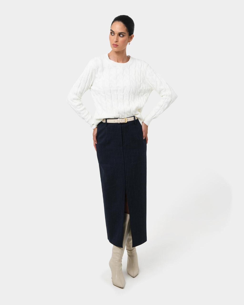Zara Tailored Midi Skirt in navy pinstripe — full-length view 2