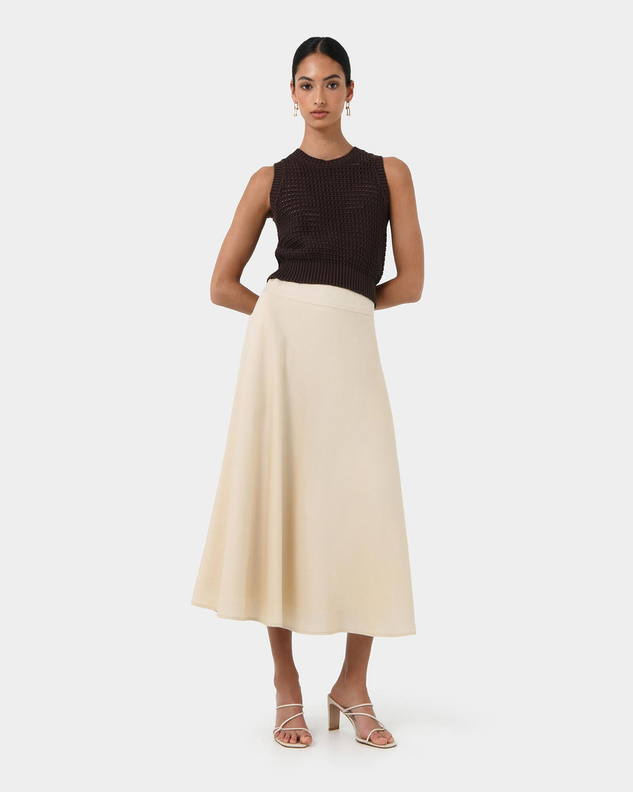 Aiya Bias Midi Skirt in light ecru — full-length view