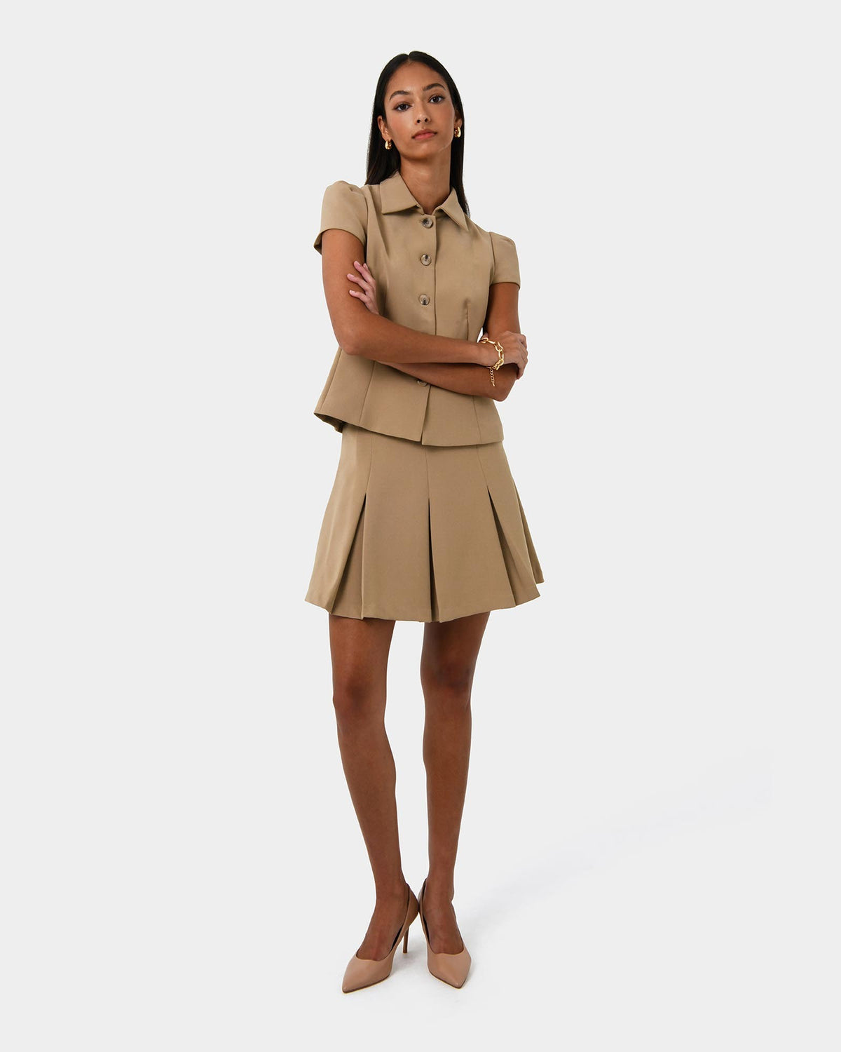 Ace Pleated Skirt in tan — full-length view