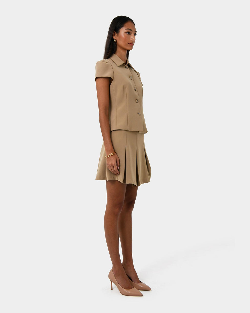 Ace Pleated Skirt in tan — side view