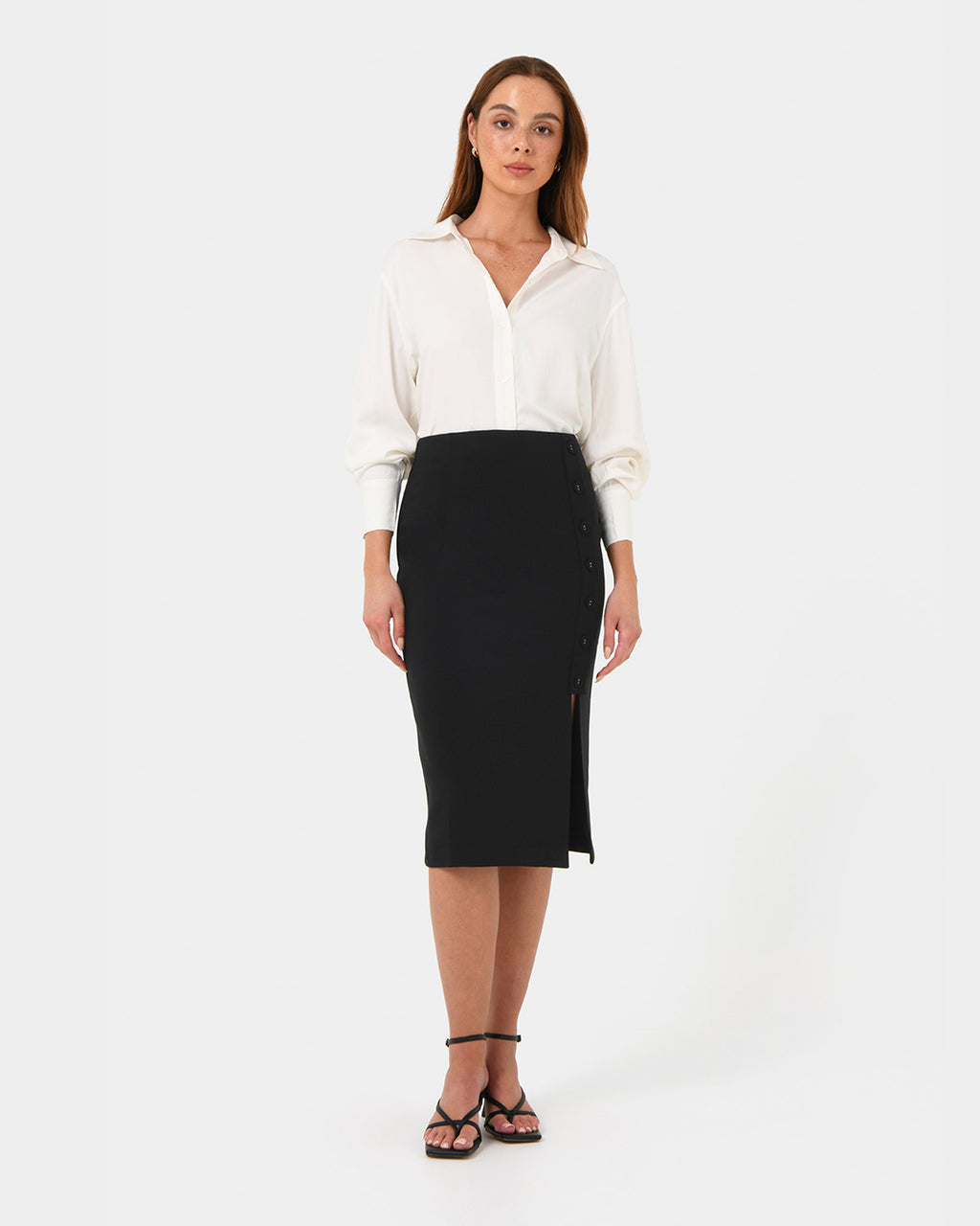 Ace Side Button Skirt in black — full-length view