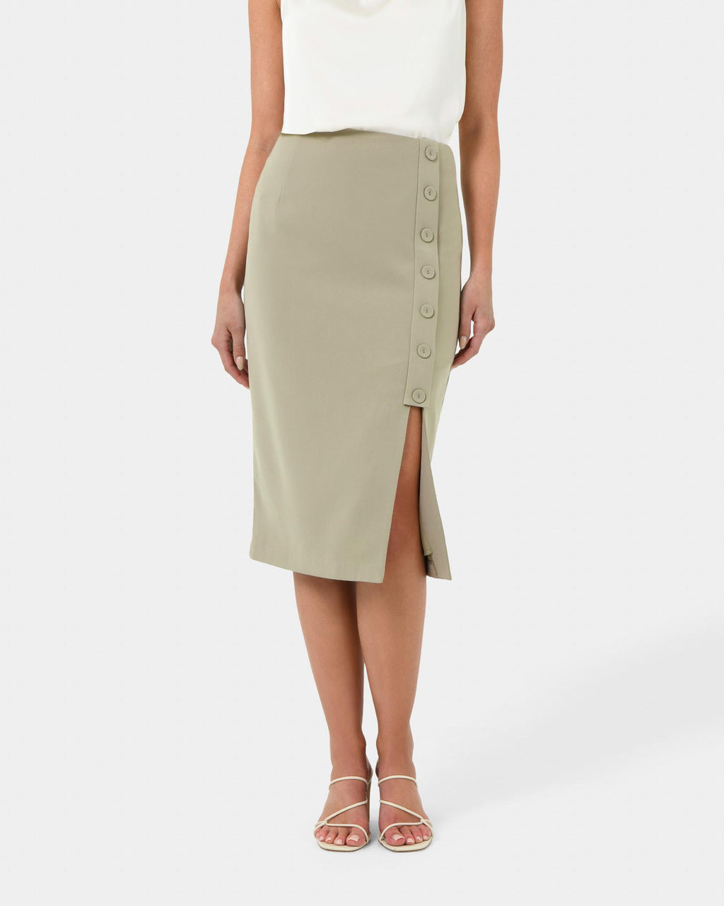 Ace Side Button Skirt in taupe — close-up view