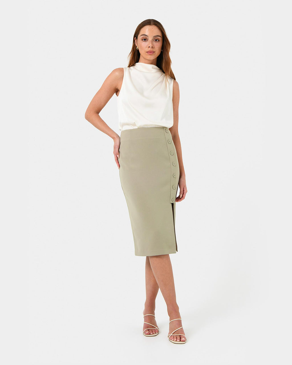 Ace Side Button Skirt in taupe — full-length view