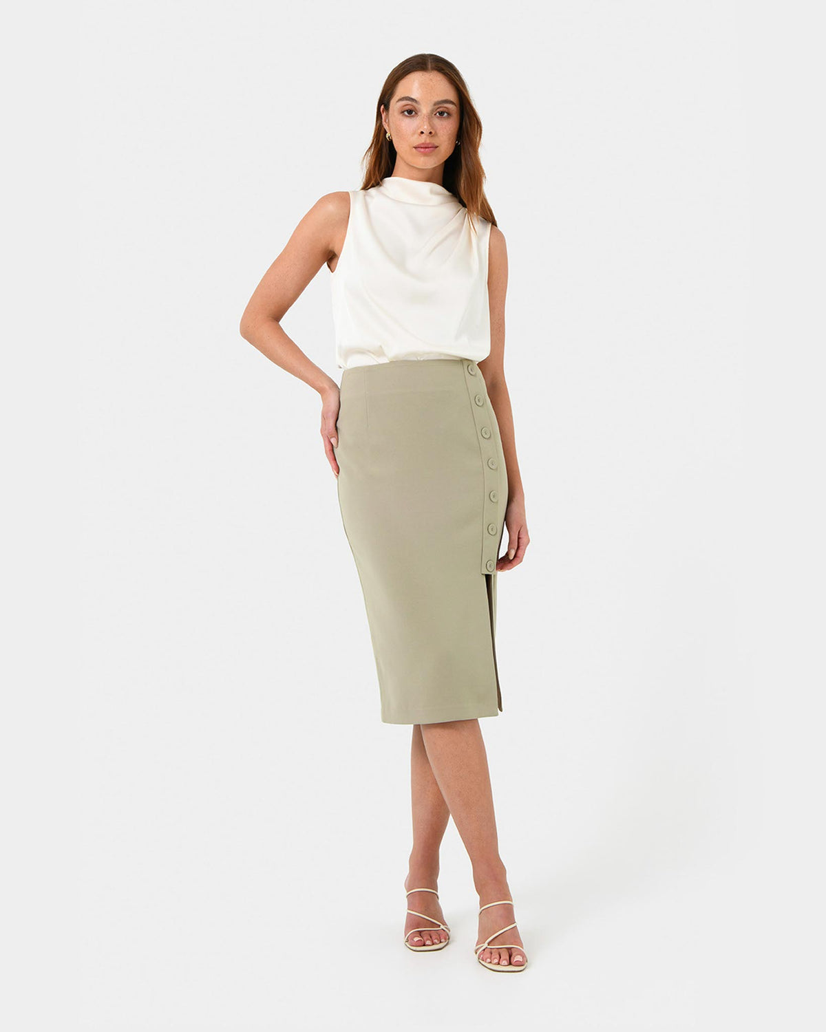 Ace Side Button Skirt in taupe — full-length view
