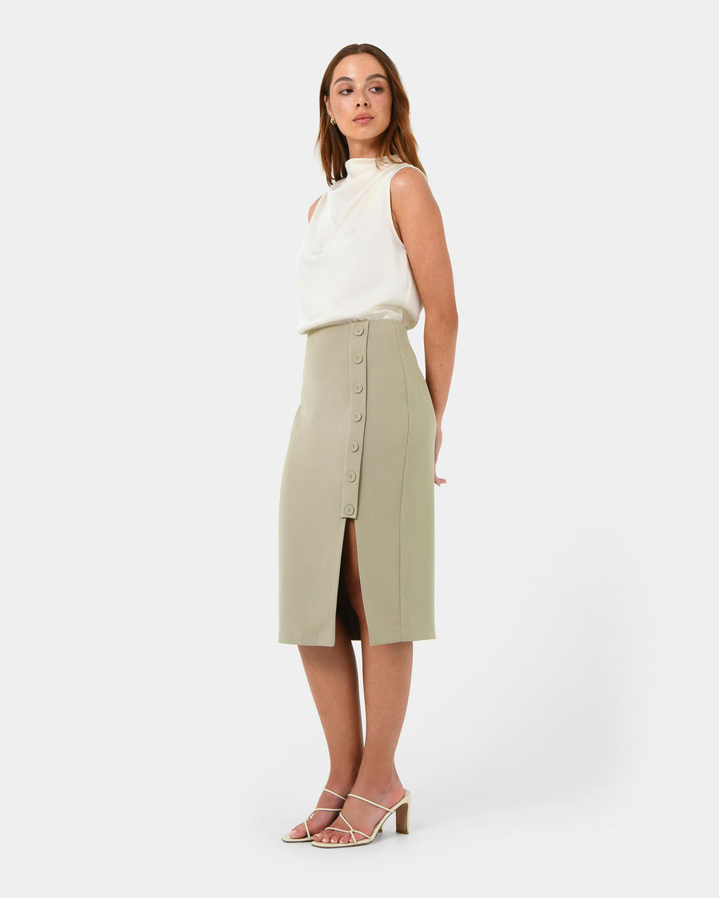 Ace Side Button Skirt in taupe — side view