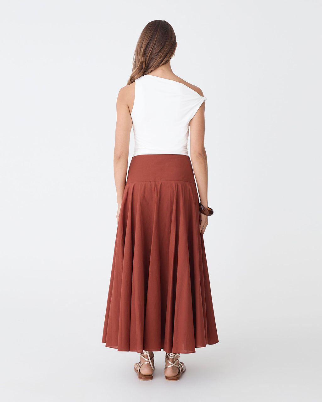 Deb Cotton Midi Full Skirt in brick — back view