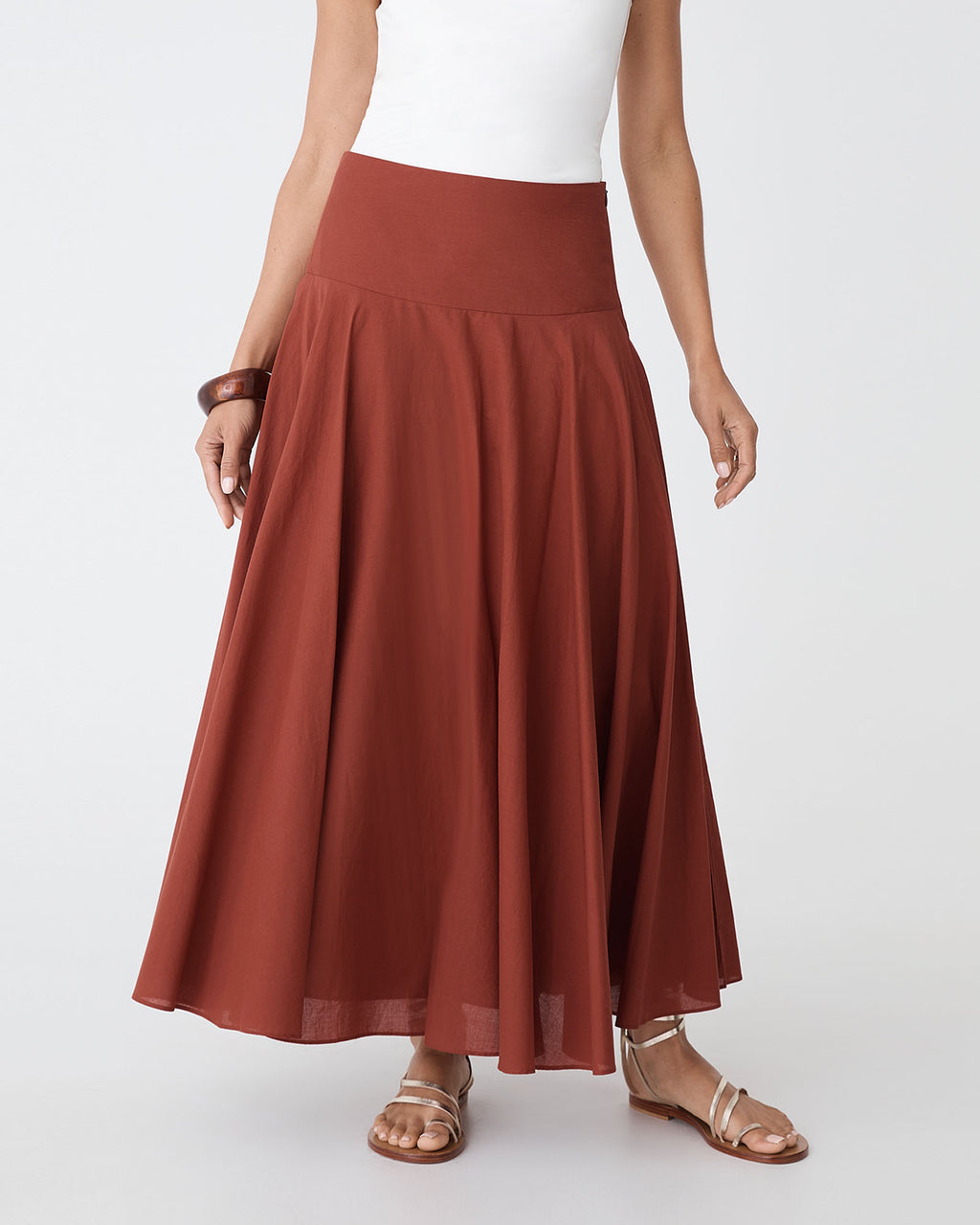 Deb Cotton Midi Full Skirt in brick — close-up view