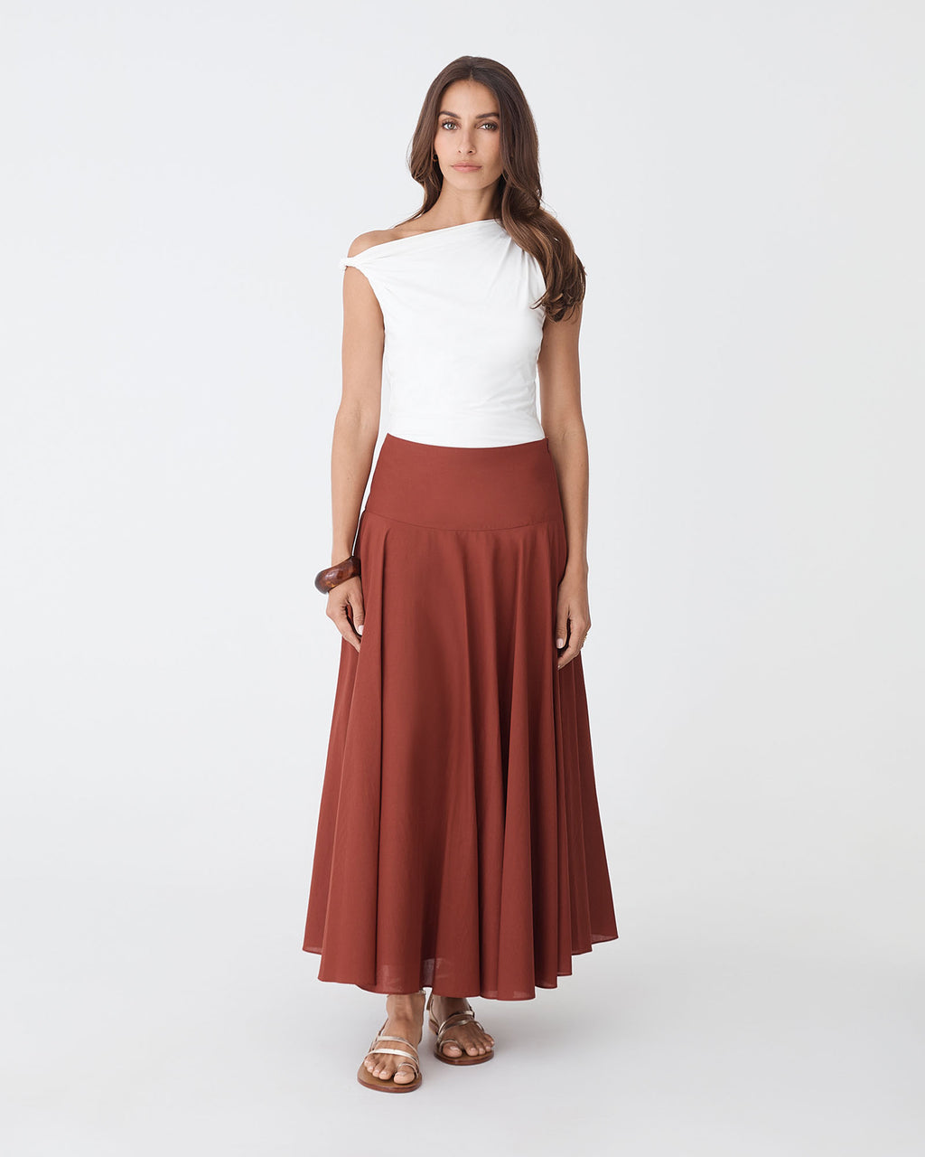 Deb Cotton Midi Full Skirt in brick — full-length view