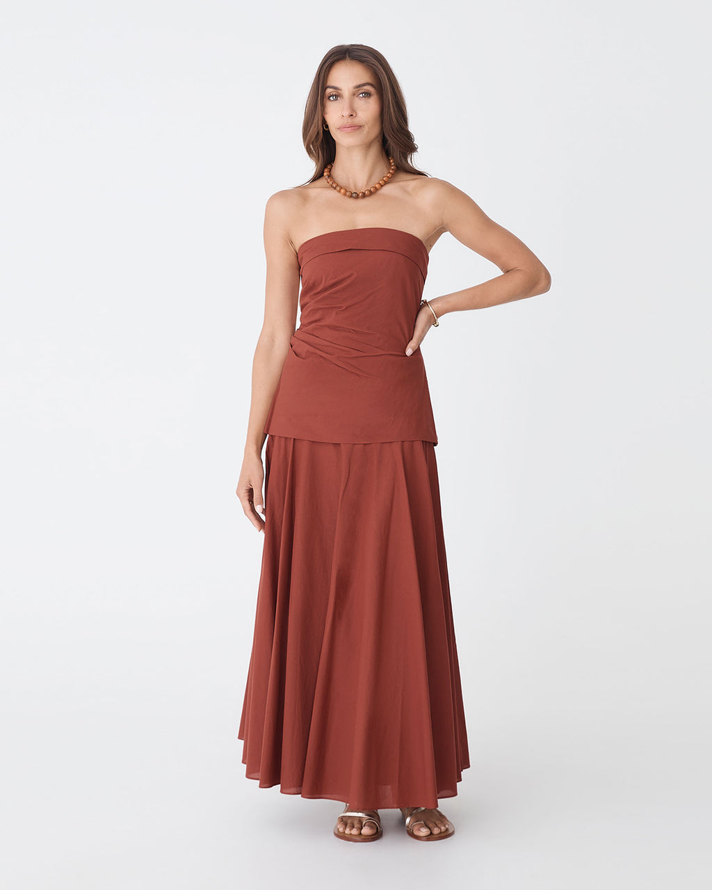 Deb Cotton Midi Full Skirt in brick — full-length view 2