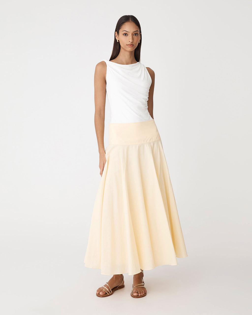 Deb Cotton Midi Full Skirt in butter yellow — full-length view
