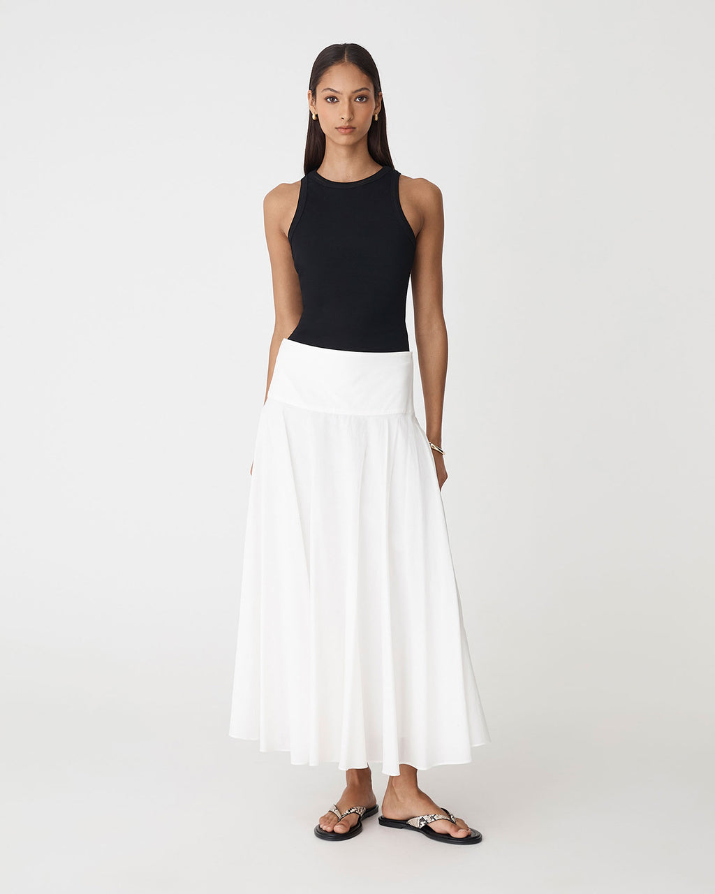 Deb Cotton Midi Full Skirt in ivory — full-length view