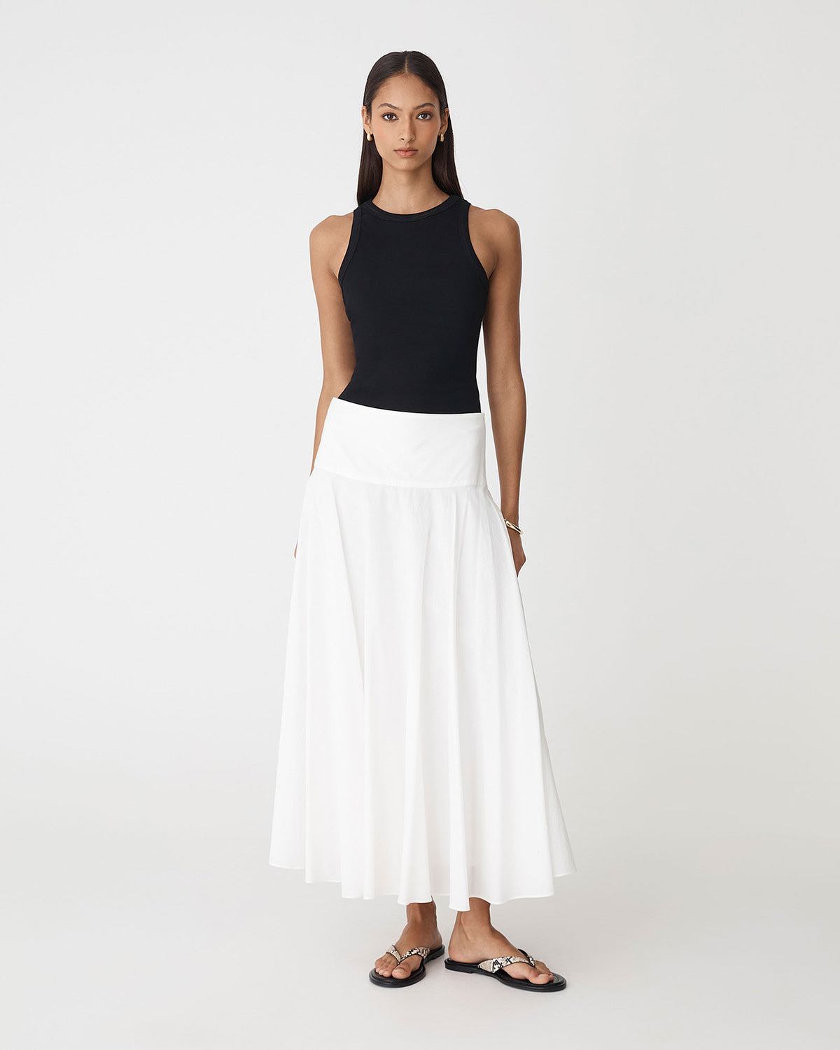 Deb Cotton Midi Full Skirt in ivory — full-length view