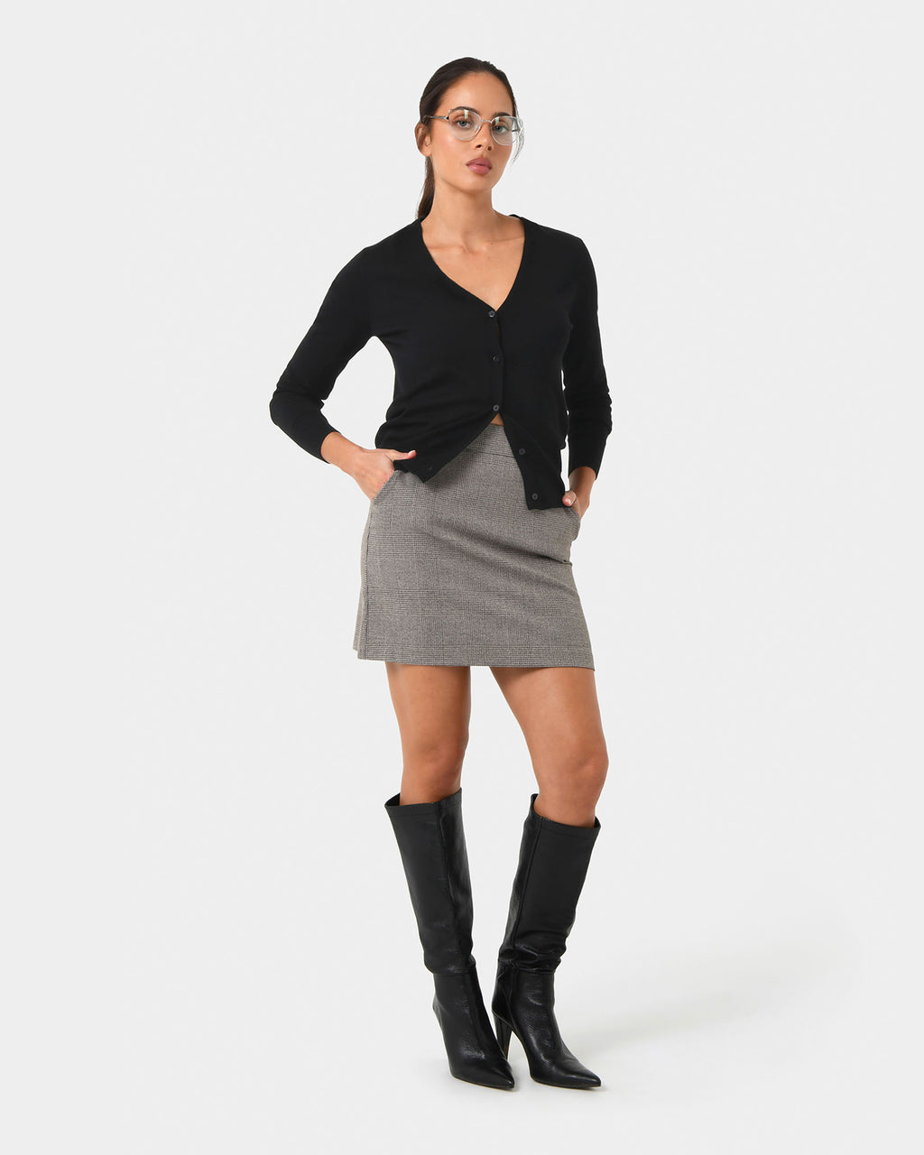 Kai Check Mini Skirt in beige black — full-length view