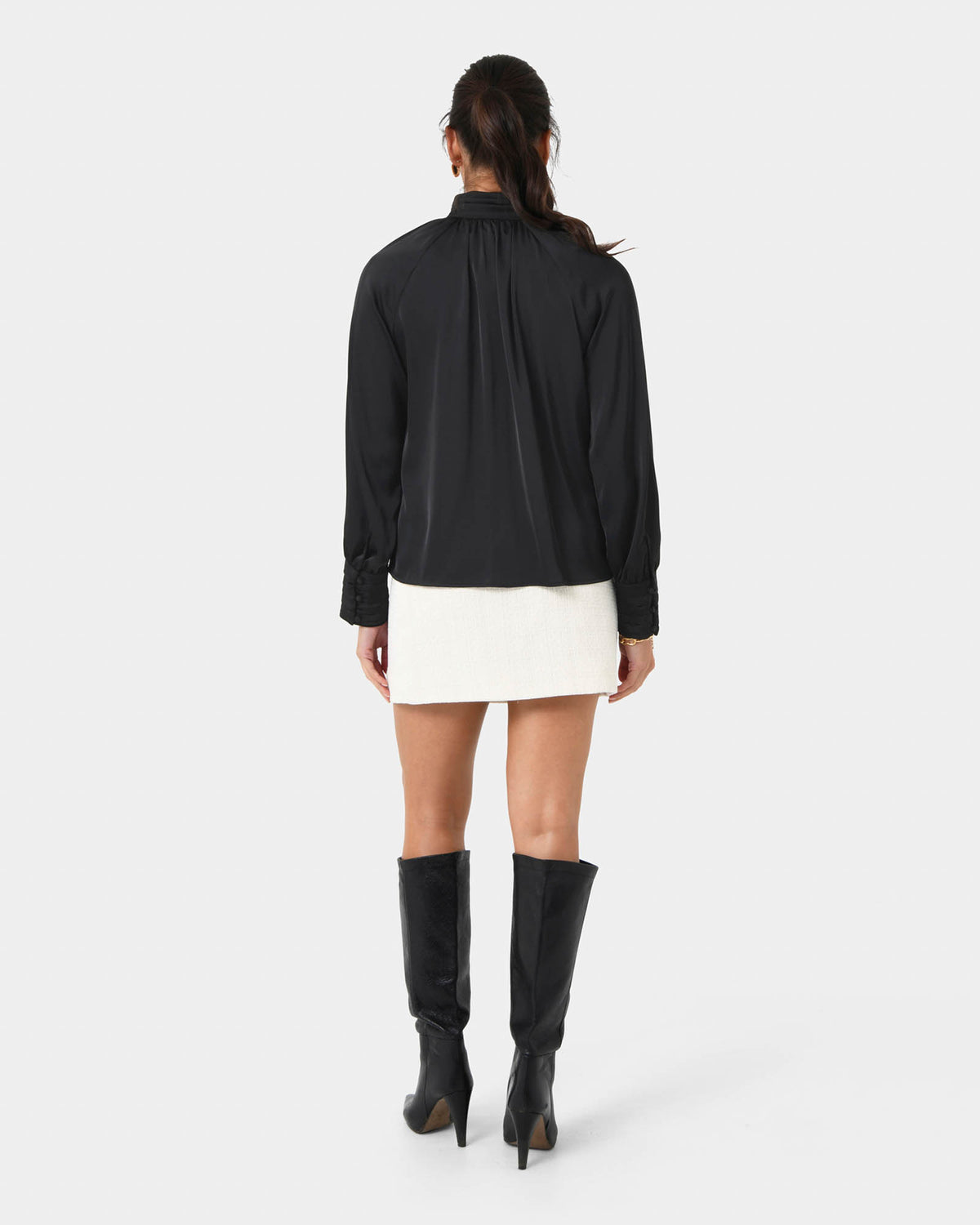 Anna Pleated Satin Blouse in black — back view