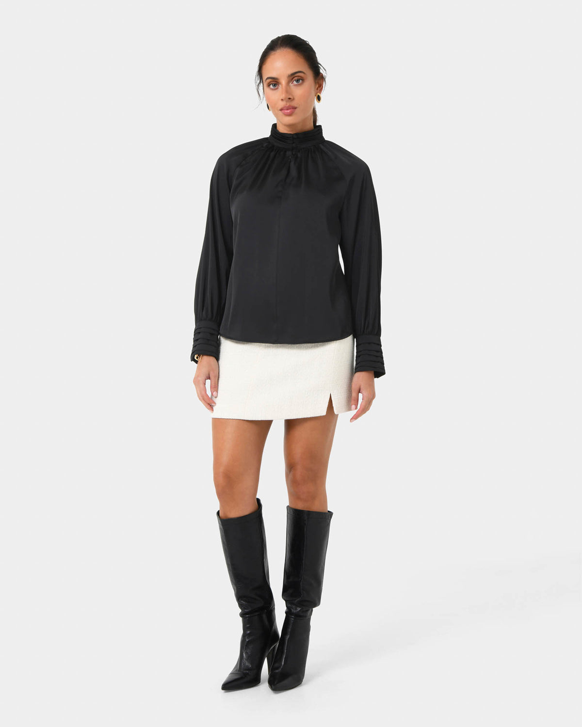 Anna Pleated Satin Blouse in black — full-length view
