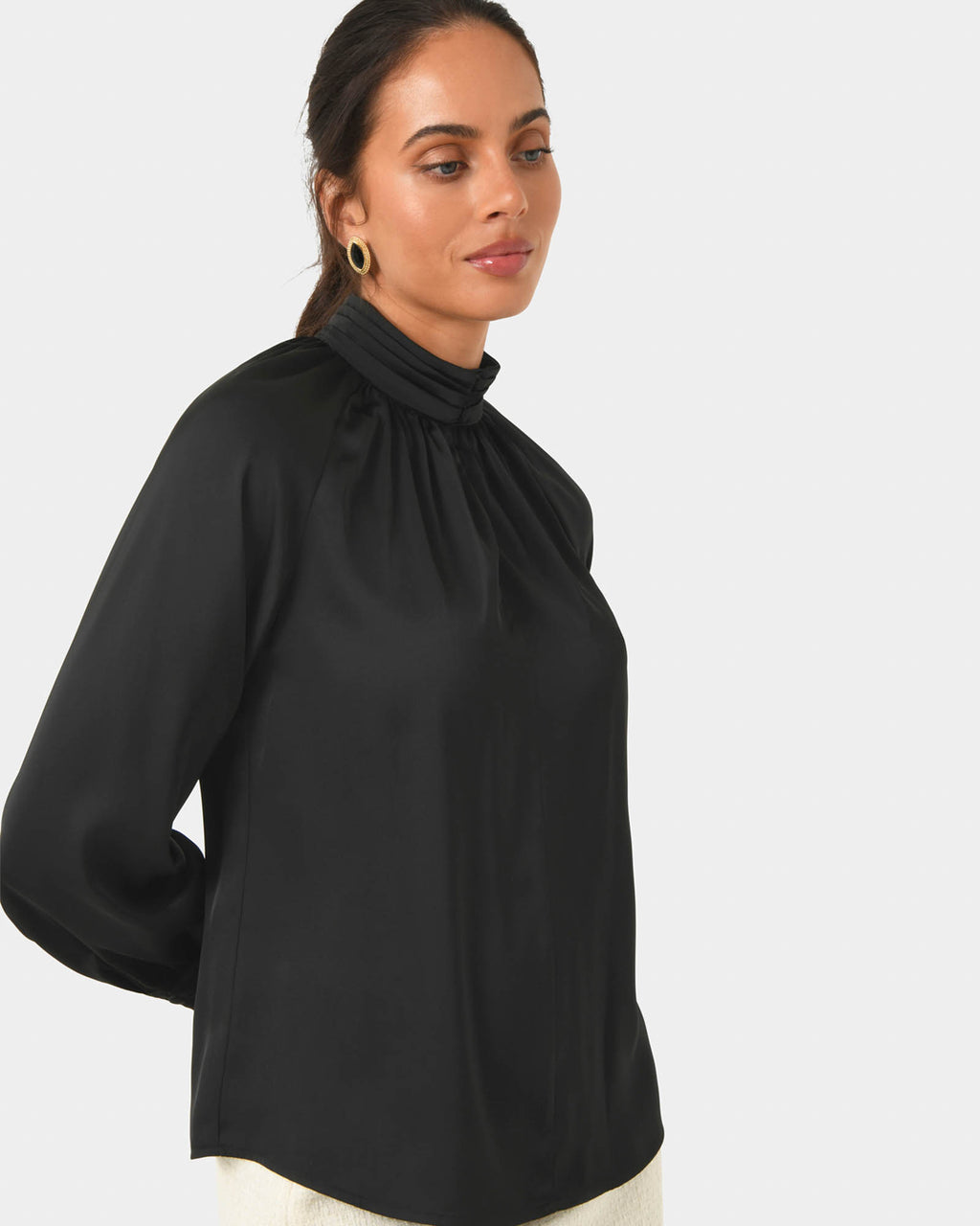 Anna Pleated Satin Blouse in black — side view