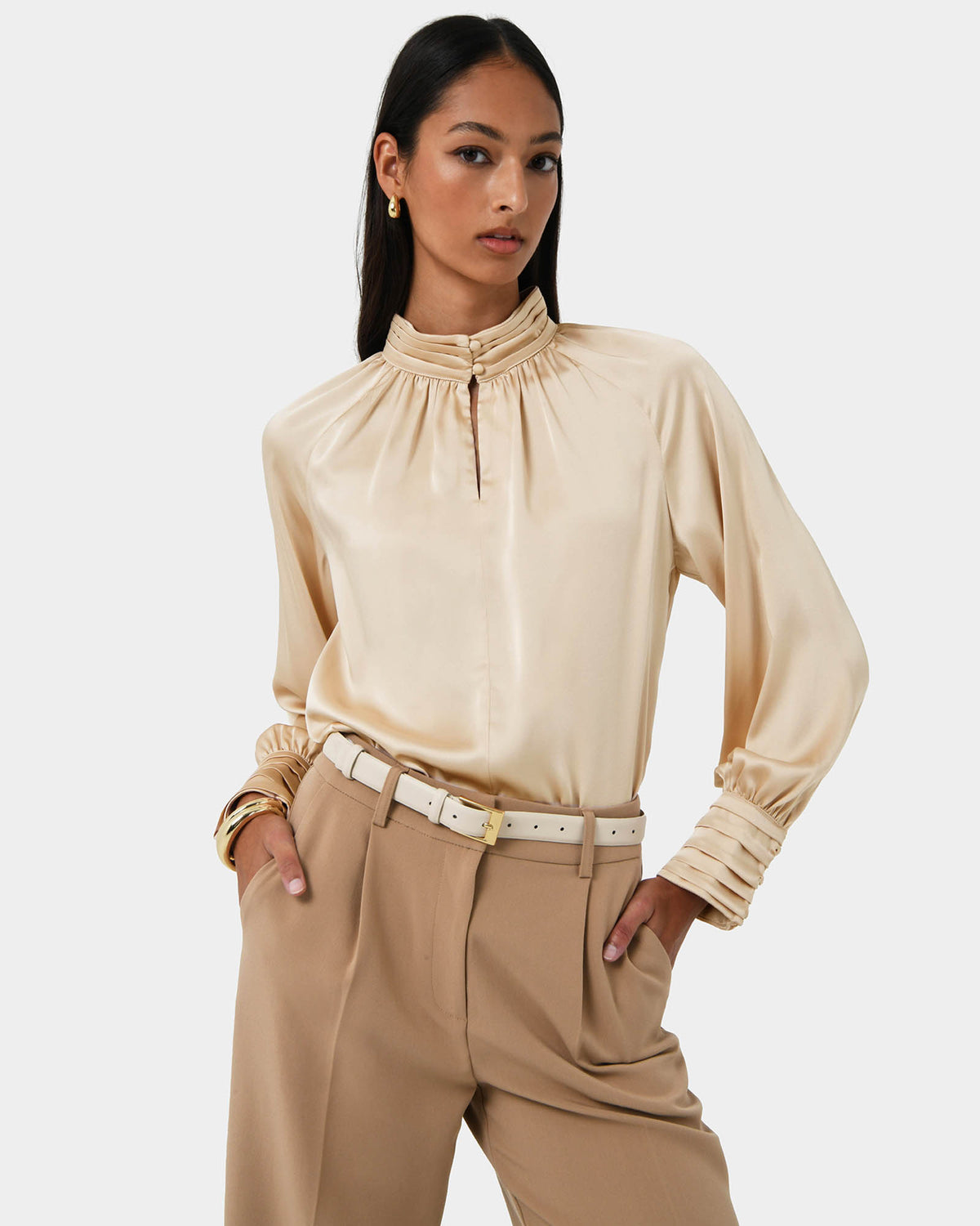 Anna Pleated Satin Blouse in champagne — close-up view