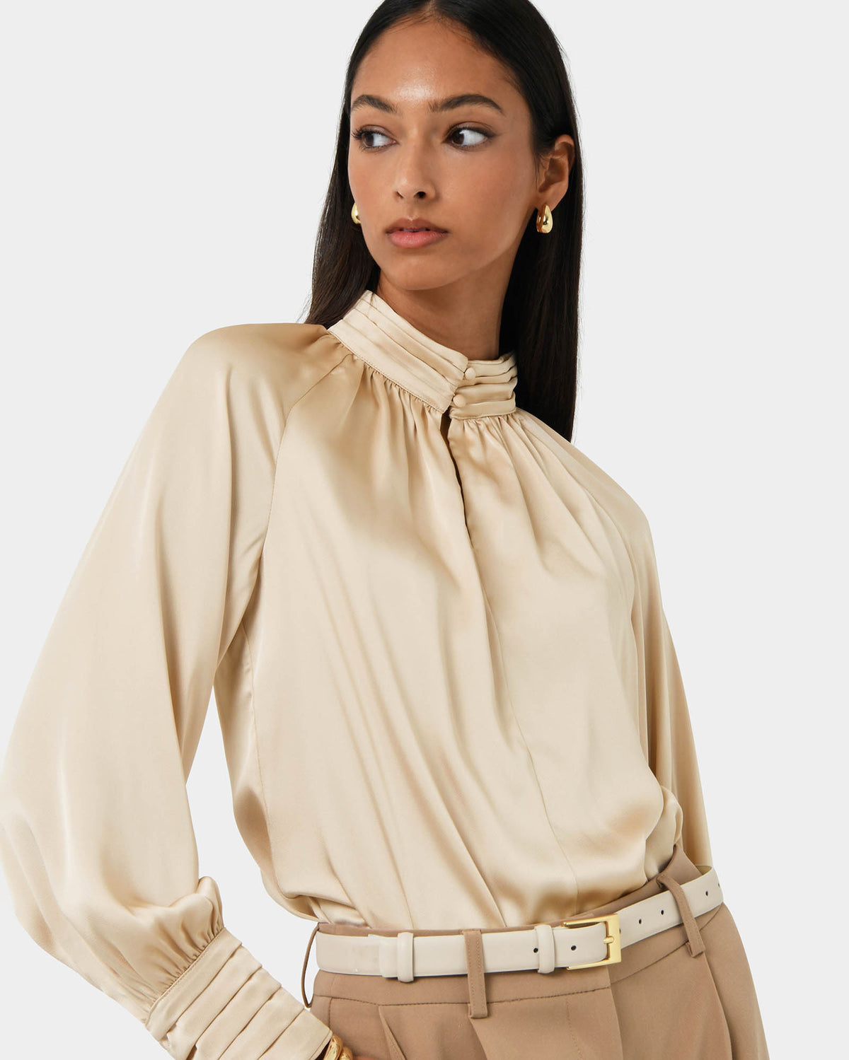 Anna Pleated Satin Blouse in champagne — close-up view 2