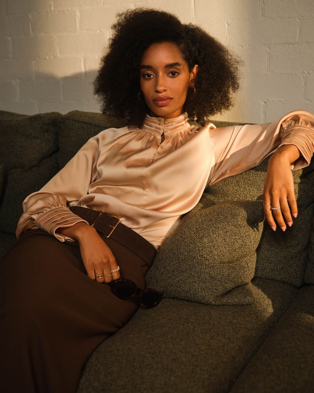 Anna Pleated Satin Blouse in champagne — alternate view