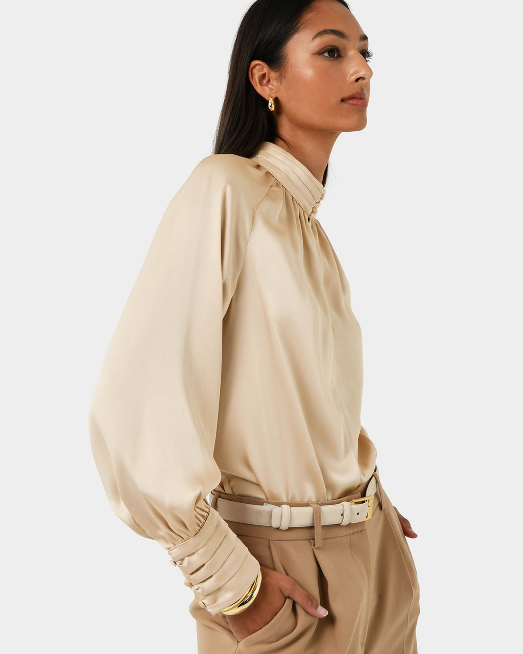 Anna Pleated Satin Blouse in champagne — side view
