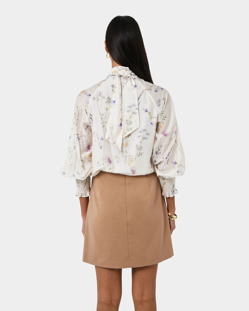 Aurae Floral Tie Blouse in ivory floral — back view