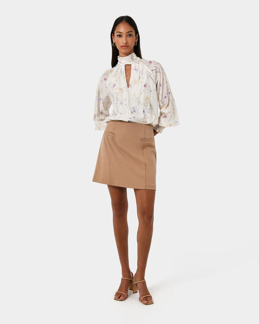 Aurae Floral Tie Blouse in ivory floral — full-length view