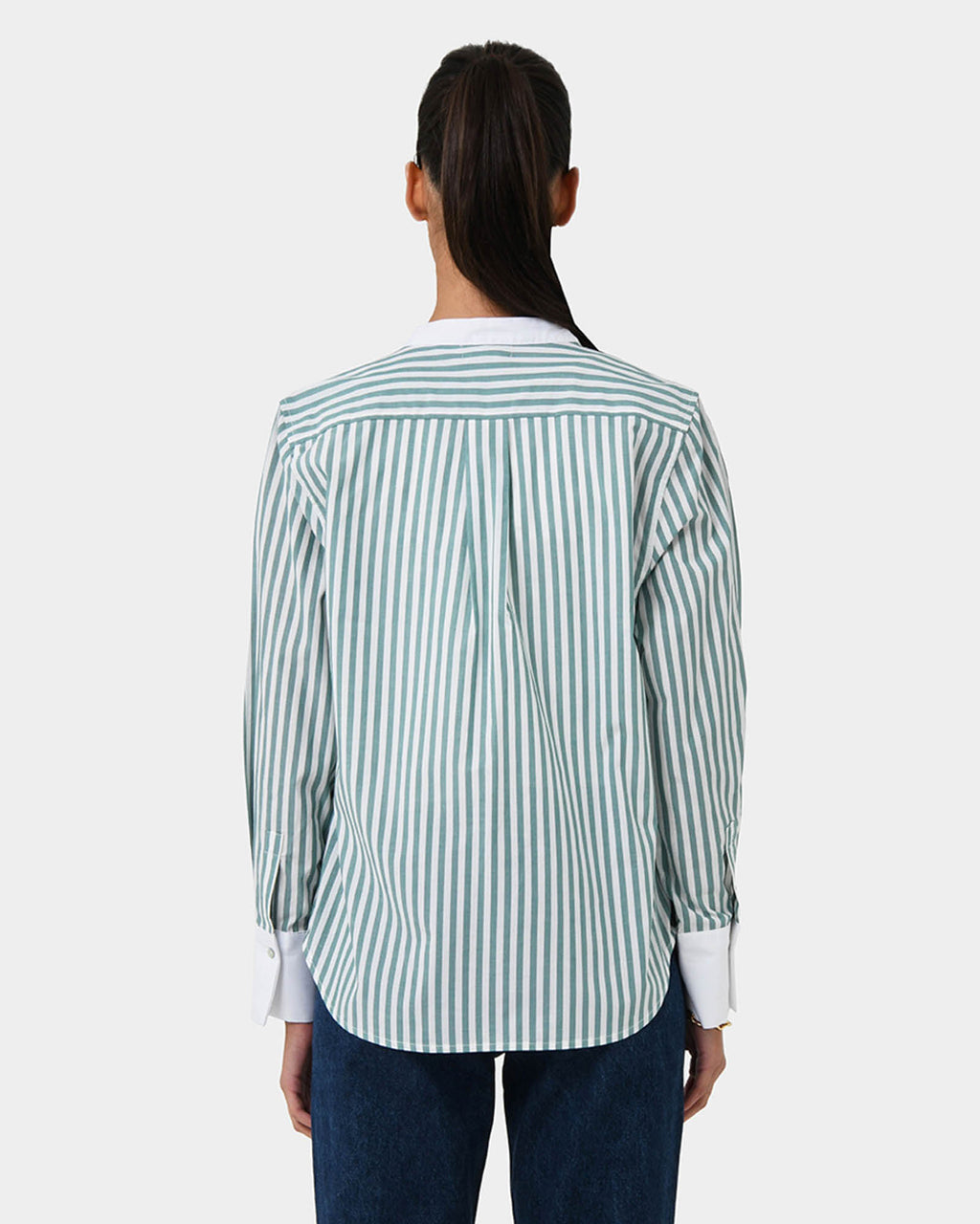 Melie Cotton Stripe Shirt in mint stripe — back view