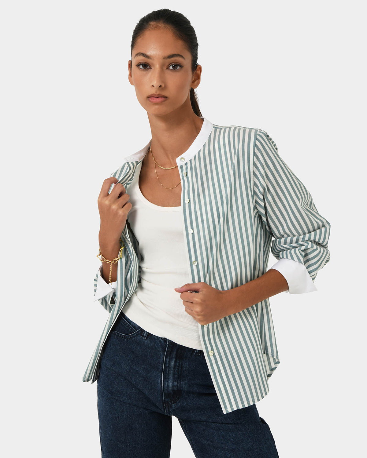 Melie Cotton Stripe Shirt in mint stripe — close-up view 2