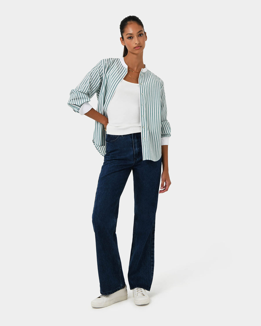 Melie Cotton Stripe Shirt in mint stripe — full-length view