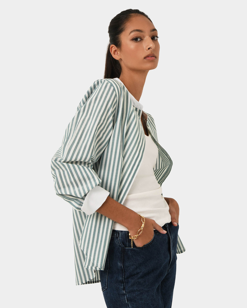 Melie Cotton Stripe Shirt in mint stripe — side view