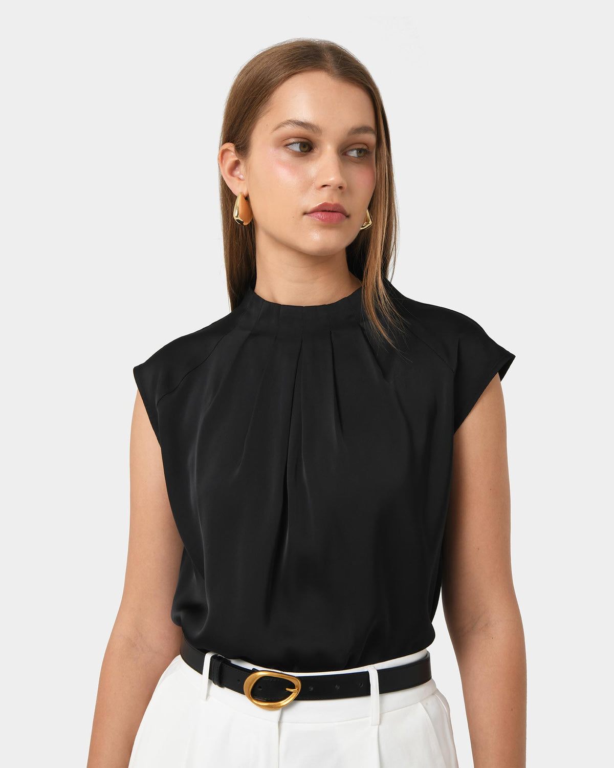 Kiar Pleated Satin Top in black — close-up view