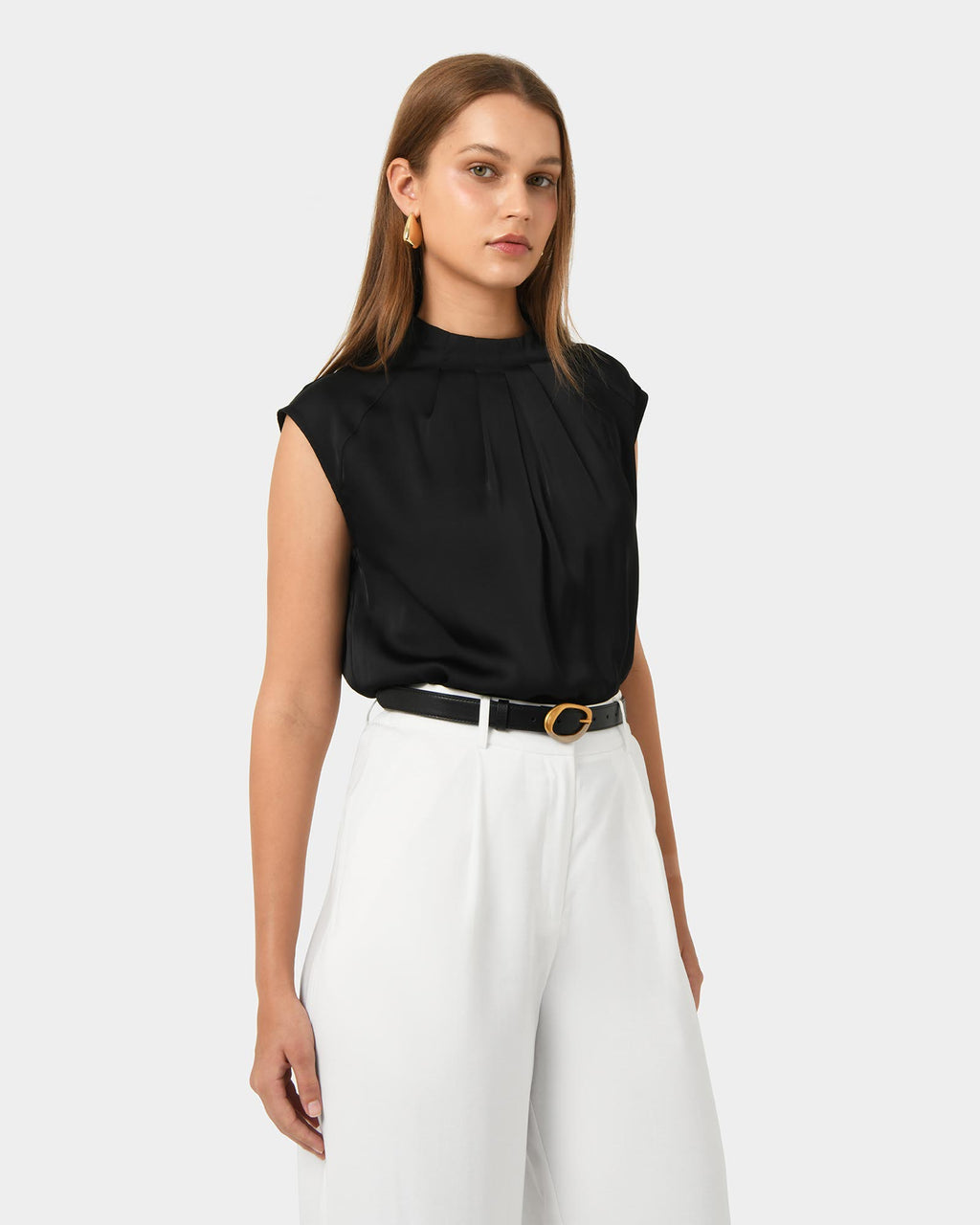 Kiar Pleated Satin Top in black — close-up view 2