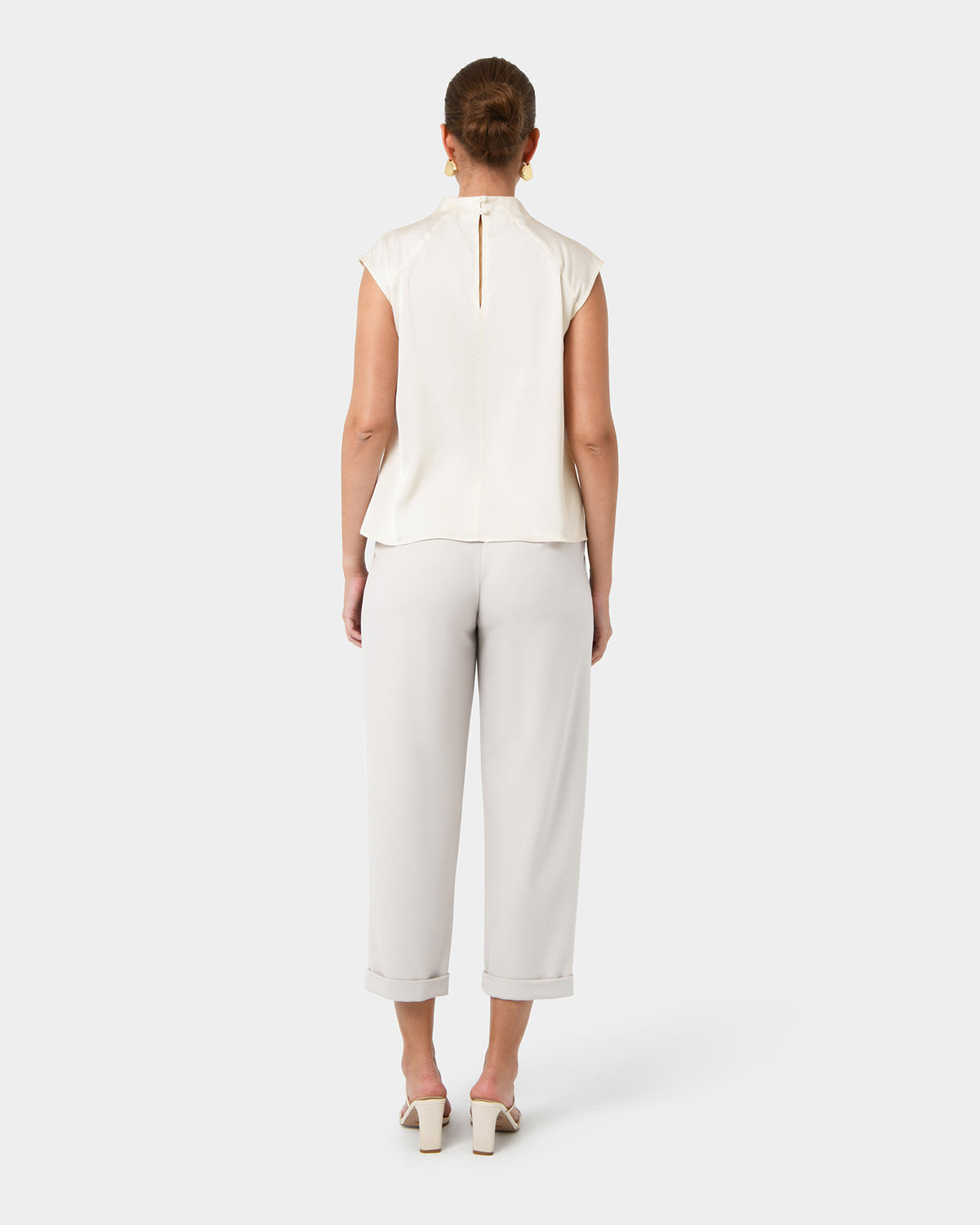 Kiar Pleated Satin Top in ivory — back view