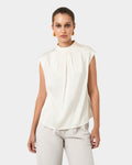 Kiar Pleated Satin Top in ivory — close-up view
