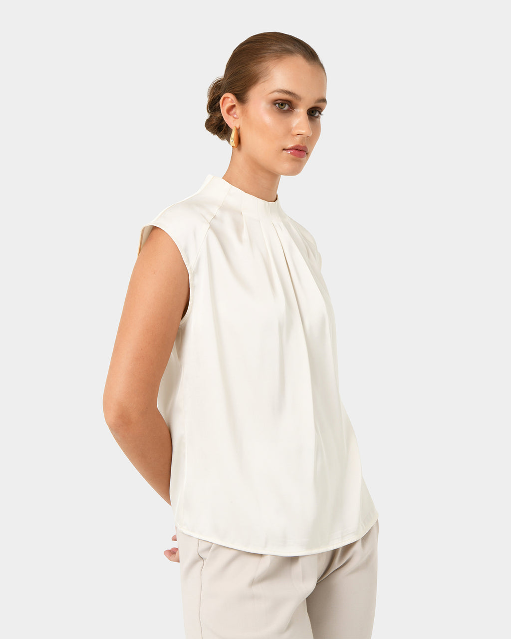 Kiar Pleated Satin Top in ivory — side view