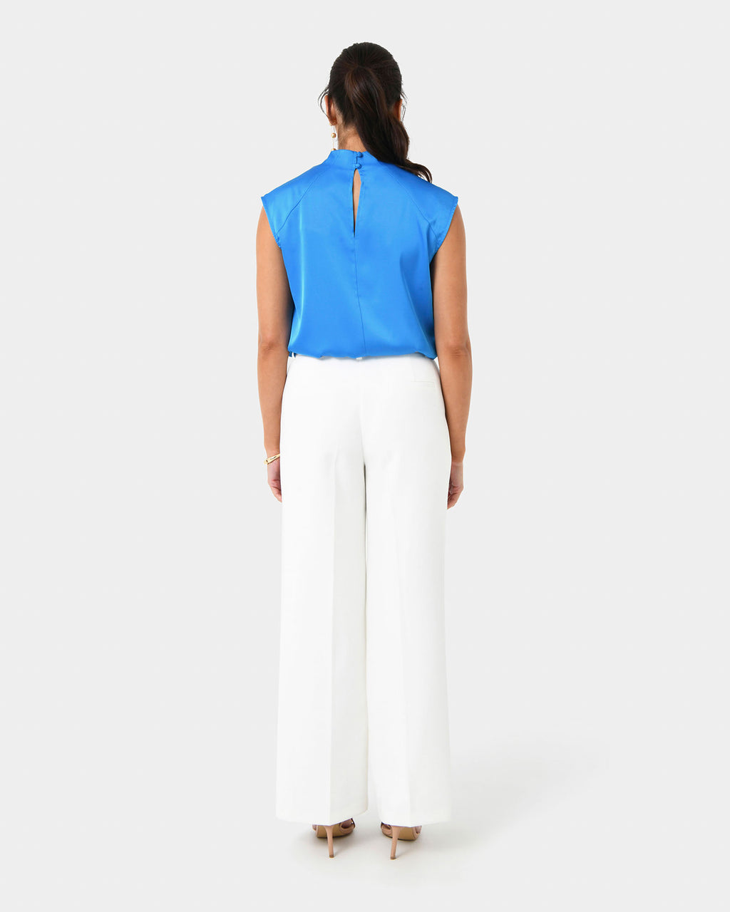 Kiar Pleated Satin Top in oriental blue — back view