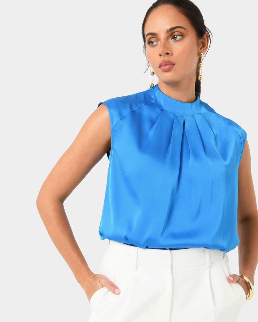 Kiar Pleated Satin Top in oriental blue — close-up view