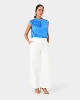 Kiar Pleated Satin Top in oriental blue — full-length view