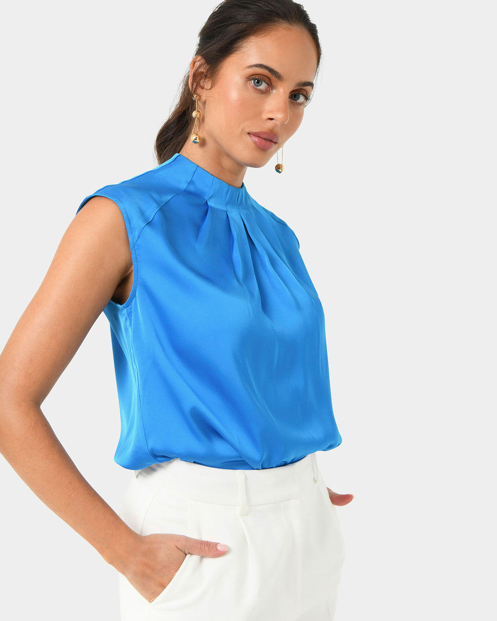 Kiar Pleated Satin Top in oriental blue — side view