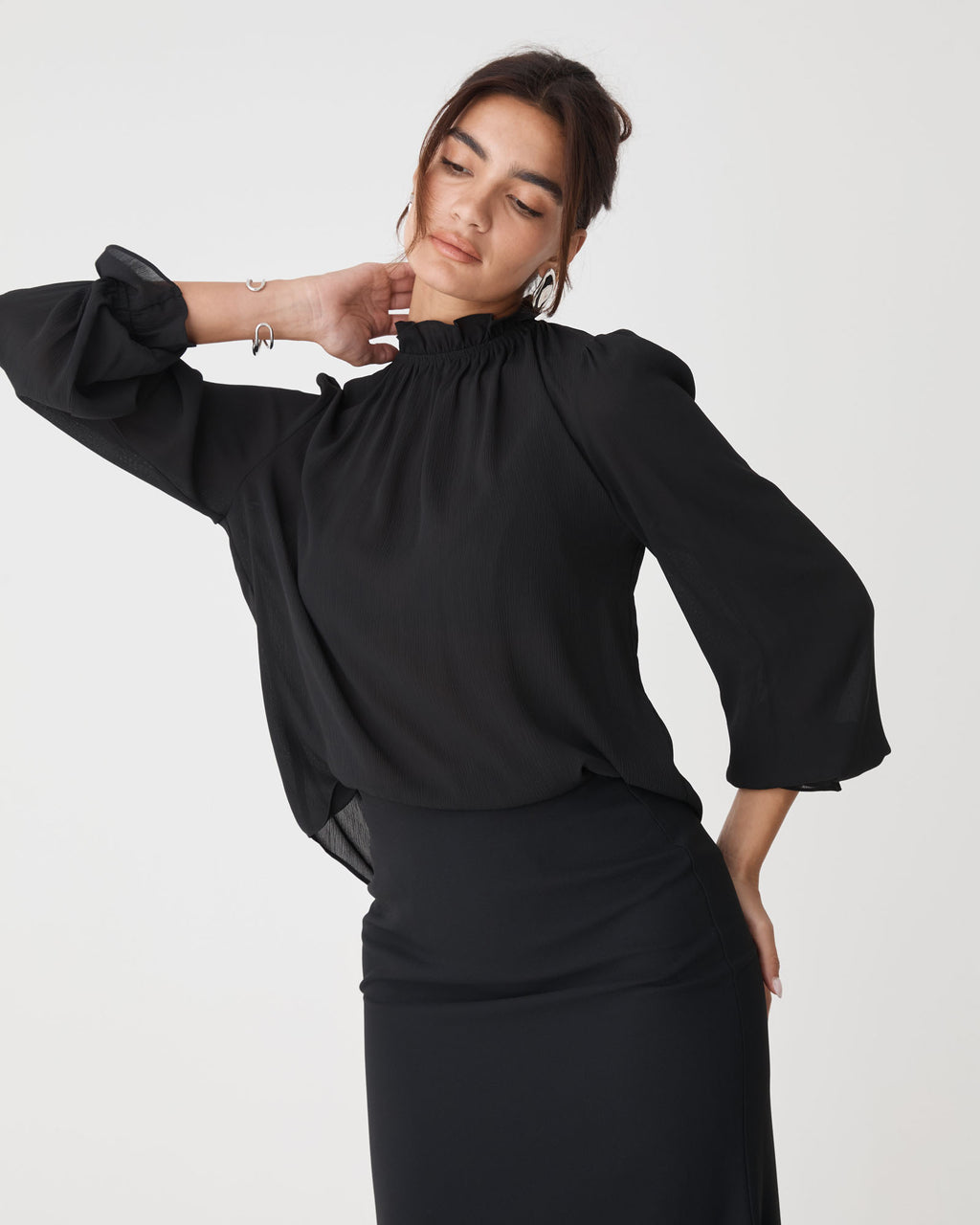 Hailey Frill Neck Blouse in black — close-up view 2