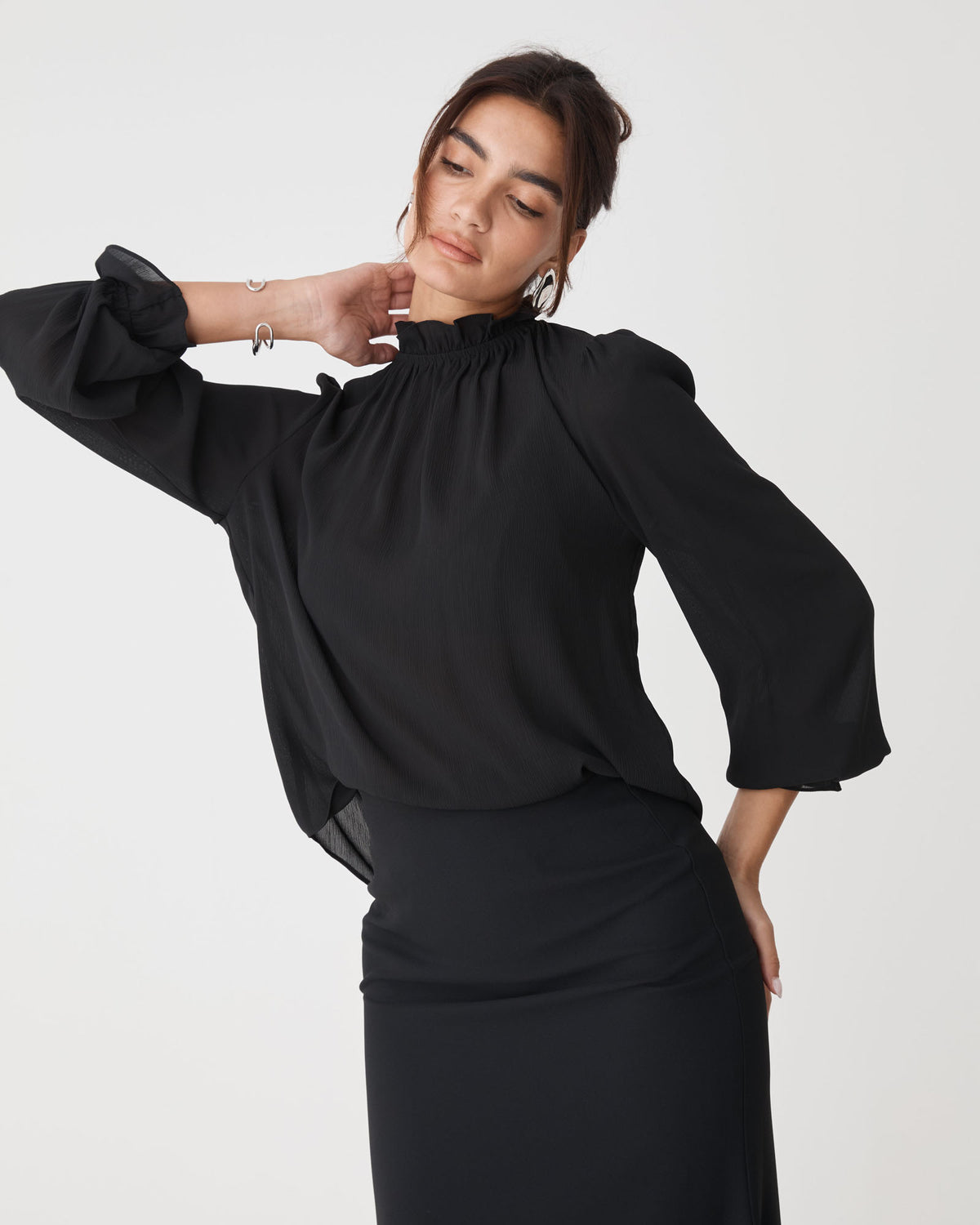 Hailey Frill Neck Blouse in black — close-up view 2
