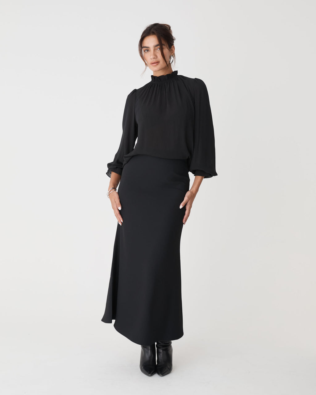 Hailey Frill Neck Blouse in black — full-length view